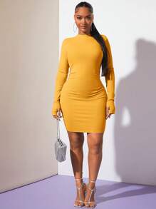 SHEIN SXY 純色長袖修身連身裙 - 黃色 - 查看 5