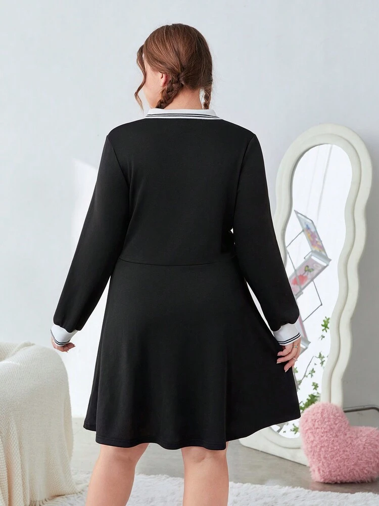 Plus Size Contrast Polo Collar And Cuffs Long Sleeve Dress
