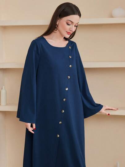 Al Najma Solid Color Long Sleeve Dress With Mock Buttons