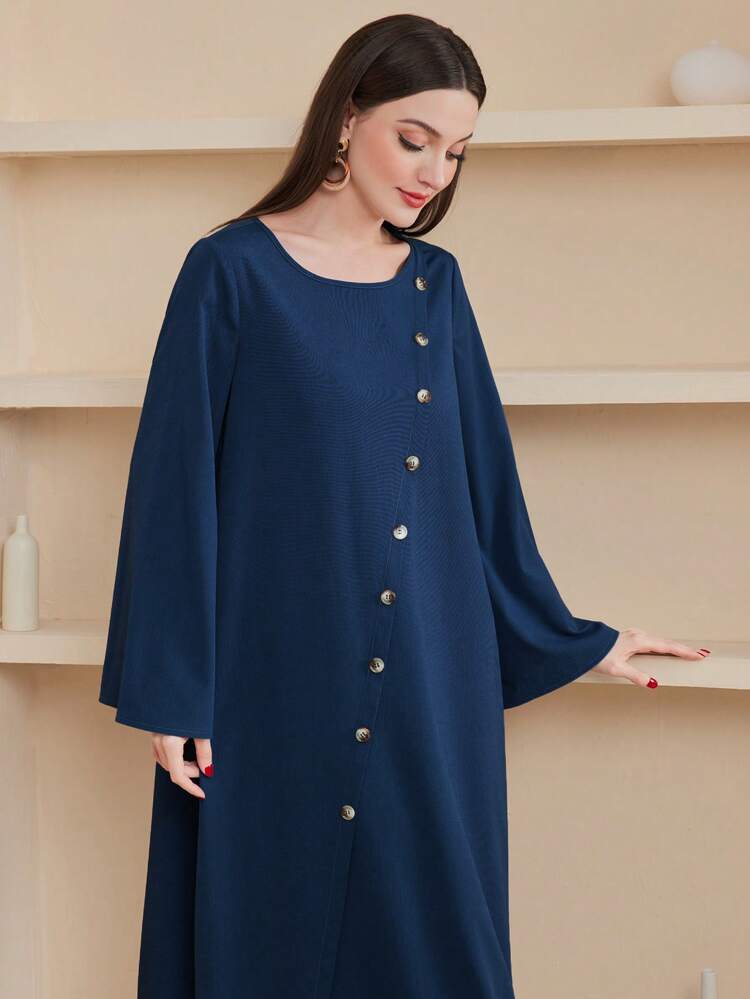 Solid Color Long Sleeve Dress With Mock Buttons