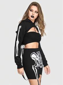 ROMWE Goth Sudadera Super Corta Gótica De Patrón De Esqueleto Para Mujer Con Diseño De Encaje Con Ojales En La Espalda - Negro - Ver 4