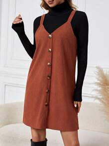 SHEIN LUNE Vestido De Tirantes De Espagueti De Color Sólido Con Botones Pero Sin La Parte Superior - Marrón - Ver 3