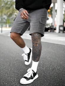 Manfinity Homme Loose Fit Men's Side Stripe Shorts With Flip Cover Pockets - Dark Grey - View 4