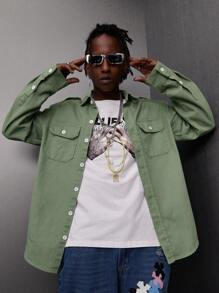 Manfinity EMRG Men's Cargo Denim Shirt With Pockets - Army Green - View 6