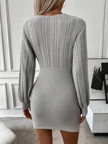 SHEIN LUNE 女款純色圓燈袖前包披毛衣裙 - 灰色 - 查看 2