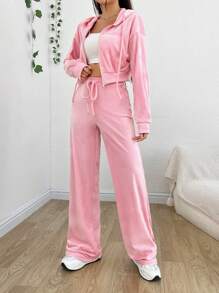 SHEIN EZwear Zipper Front Hooded Jacket And Pants Set - Pink - View 5