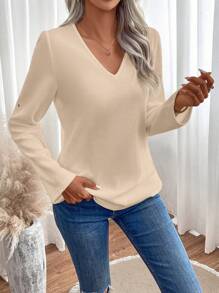 SHEIN LUNE 女款 V 領捲袖 T 卹 - 駝色 - 查看 7