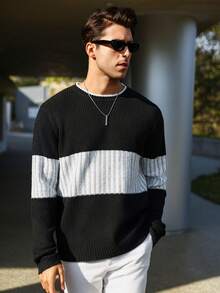 Manfinity Homme 男士彩色拼塊圓領毛衣 - 黑與白 - 查看 4