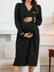 SHEIN 孕婦純色釦前長袖家居服 - 黑色 - 查看 6
