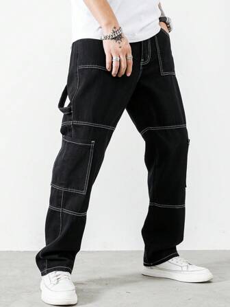 Manfinity Hypemode Herren Baumwolle Kontrast Steppnaht Tasche Aufgesetzte Jeans für Ausgehen, Urlaub, Arbeit, Uni, Grunge