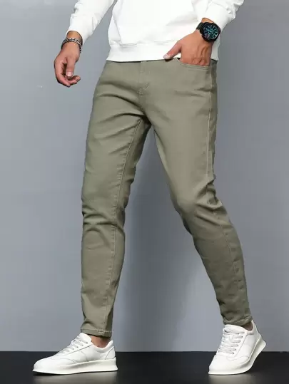 Manfinity Homme Men's Solid Color Jeans With Diagonal Pockets