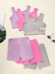 SHEIN Playful Pals 6pcs/Set Young Girl Multiple Pieces Casual Cute Ribbed Striped Tank Top And Shorts Set, Spring And Summer, School, Campus, College - Multicolor - View 1