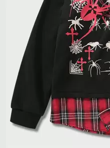 ROMWE MEN Goth Moletom com Capuz Masculino com Estampa de Aranha, Retalhos e Xadrez, Cordão, Halloween