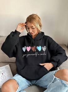 SHEIN PETITE Áo nỉ trùm đầu có túi Kangaroo, in hình tình yêu và khẩu hiệu - màu đen - Xem 1