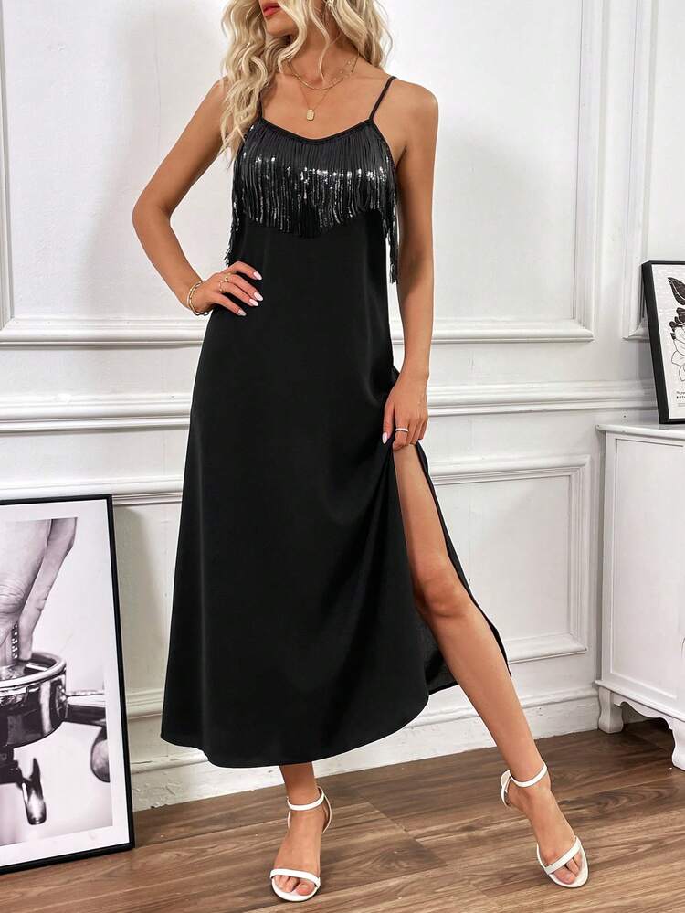 Women's Sequin Patchwork Fringe Detail High Slit Cami Dress