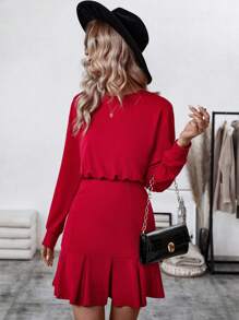 Chiquease Váy dài tay bèo nhún màu trơn cho quần áo năm mới - Đỏ - Xem 4