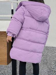 SHEIN Tween Girl 单件翻盖口袋连帽夹棉大衣 - 紫色 - 查看 2