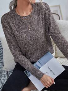 SHEIN LUNE Round Neck Casual Pullover Sweater - Mocha Brown - View 5