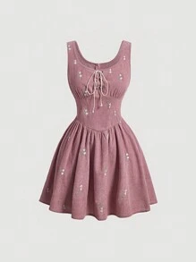 SHEIN MOD Floral Embroidery Self-tie Front Sleeveless Dress - Pink - View 1