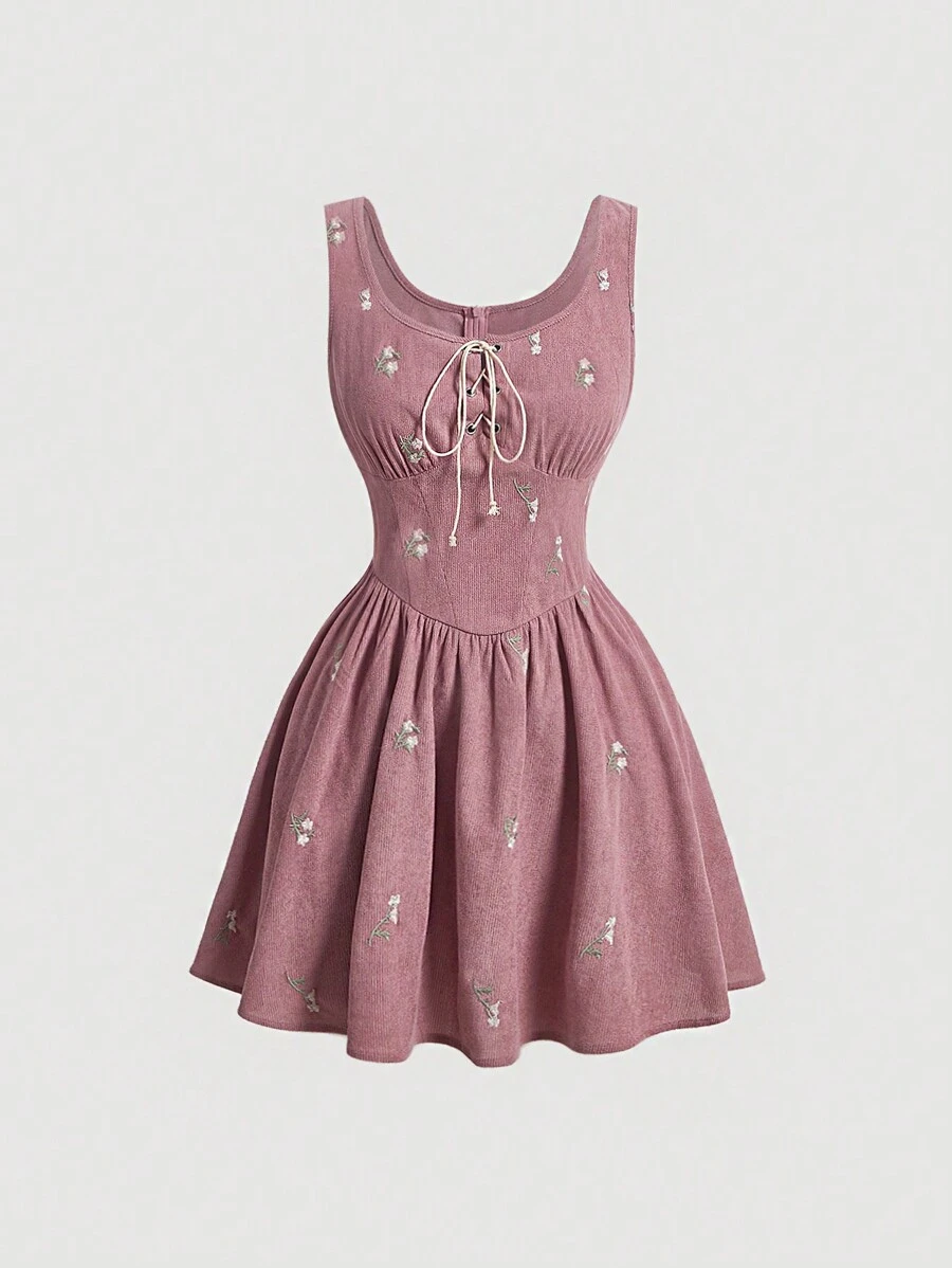 SHEIN MOD Floral Embroidery Self-tie Front Sleeveless Dress - Pink - View 1