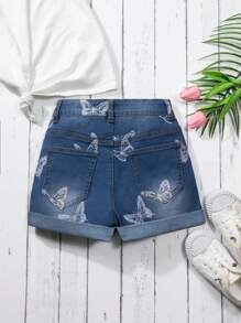 Tween Girl Casual Streetwear Butterfly Print Stretch Rolled Hem Denim Shorts, School, Campus, College