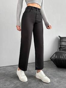 EURMUSE Solid Color Straight Denim Trousers - Black - View 7