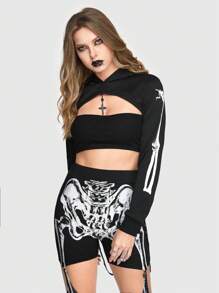 ROMWE Goth Sudadera Super Corta Gótica De Patrón De Esqueleto Para Mujer Con Diseño De Encaje Con Ojales En La Espalda - Negro - Ver 3