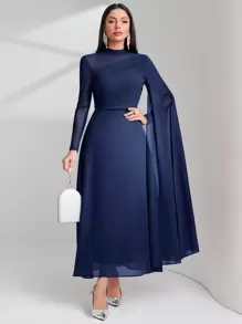Modelyn Mesh Splicing Long Sleeve Dress Long Evening Dresses - Navy Blue - View 6