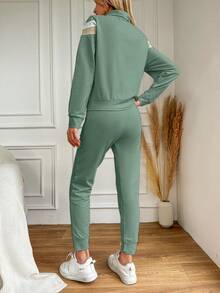 Cottnline 女款拼色外套配褲子兩件套 - 薄荷綠 - 查看 2