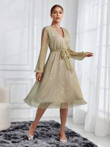 SHEIN Privé Tay áo lồng đèn Cổ chữ V Đầm - Rượu sâm banh - Xem 3