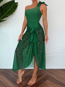 SHEIN Swim Summer Beach Women's One-Piece Swimsuit Set - Dark Green - View 5