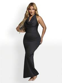 SHEIN SXY 罩肩連帶綁帶露背分叉露背連身派對裙,新年除夕性感派對裝 - 黑色 - 查看 6
