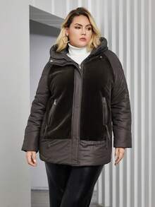 Astrid Plus Size Color Block Raglan Sleeve Hooded Padded Coat For Winter - Brown - View 5