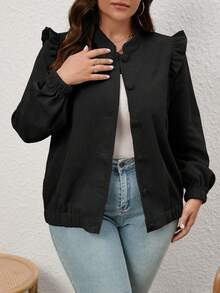 SHEIN LUNE Plus Size Solid Color Ruffle Trim Decorated Jacket - Black - View 3