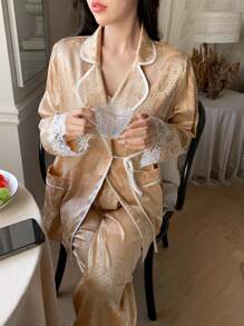 DAZY Flower Patchwork Edge Detail Long Sleeve Pajama Set