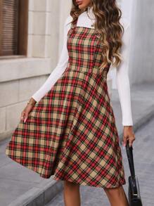 SHEIN Frenchy Plaid Overall Dress - Apricot - View 3