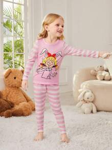 少女卡通印花條紋長袖上衣和條紋印花長褲家居服套裝 - 粉色 - 查看 3