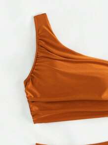 SHEIN Swim Summer Beach Women's One Shoulder Ruched Bikini Set, Bathing Suit - Orange - View 6