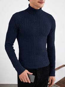 SHEIN Cottnline Men's Solid Color Turtleneck Sweater - Royal Blue - View 4