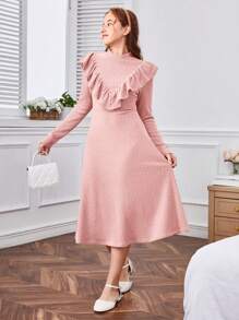 SHEIN Teen Girls' Stand Collar Ruffle Trim Long Sleeve Dress - Pink - View 3