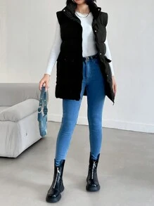 EURMUSE Zip Up Snap Button Puffer Vest Coat - Black - View 5