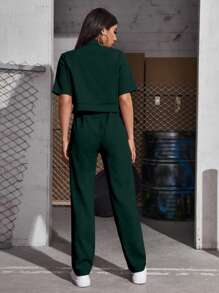 Mulvari Solid Color Shirt And Pants Casual 2pcs/Set 2 Piece Set - Dark Green - View 2