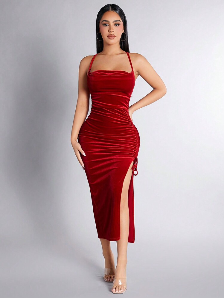 SHEIN PETITE Của phụ nữ Dây rút Viền chia cắt Váy Dây - Đỏ - Xem 1