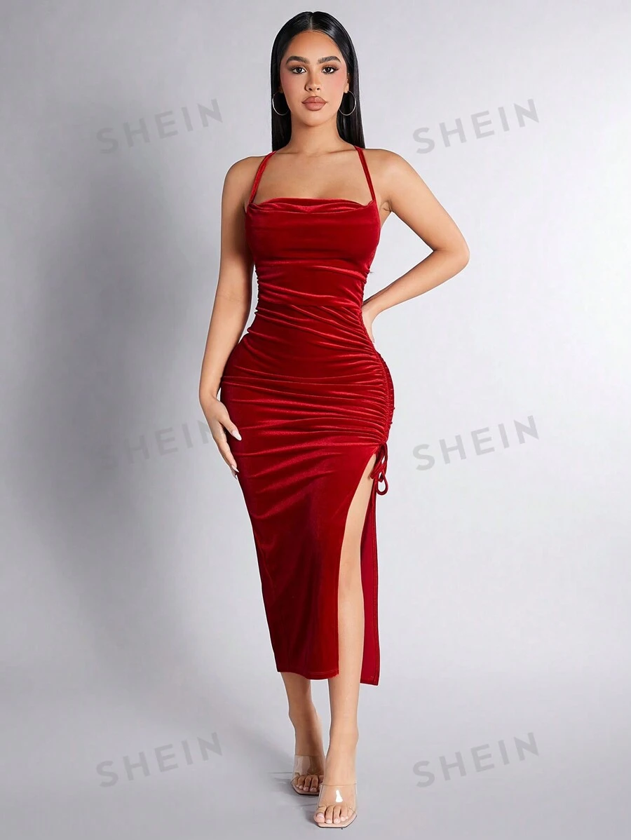 SHEIN PETITE Vestido camisola con cordón y bajo dividido para mujer, talla pequeña