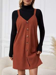 SHEIN LUNE Vestido De Tirantes De Espagueti De Color Sólido Con Botones Pero Sin La Parte Superior - Marrón - Ver 6
