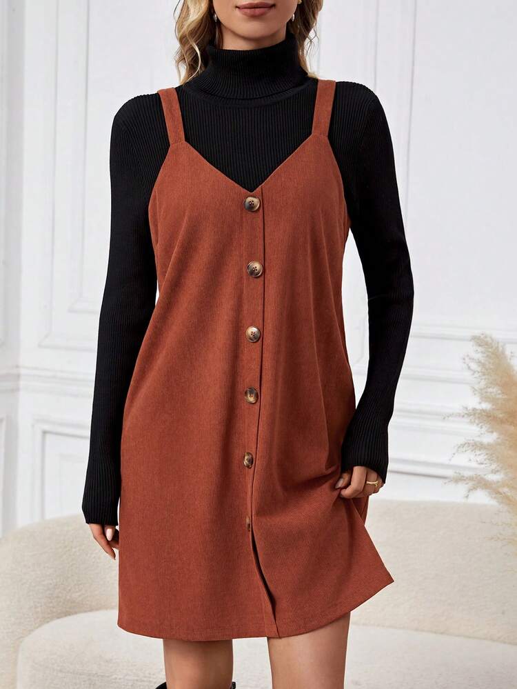 Solid Color Spaghetti Strap Button Front Dress Without Top