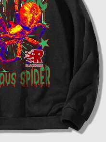 ROMWE MEN Street Life Guys Letter & Spider Graphic Drawstring Thermal Lined Hoodie - Black - View 3