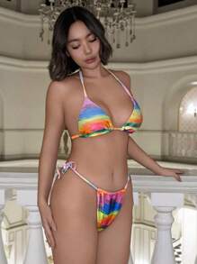 SHEIN Swim 女士撞色露背系带比基尼套装夏季海滩 - 彩色 - 查看 4