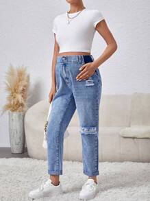 SHEIN Loose Fit Maternity Jeans With Asymmetrical Ripped Holes - Blue - View 3