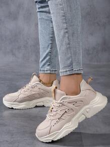 女性運動休閒厚底前扣運動鞋,彩塊圖形綁帶輕便透氣戶外運動休閒鞋 - 卡其色 - 查看 2